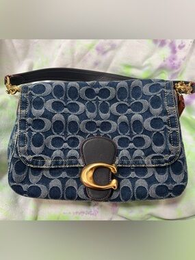 Coach Denim Shoulder Bag in Navy with Gold C Lock